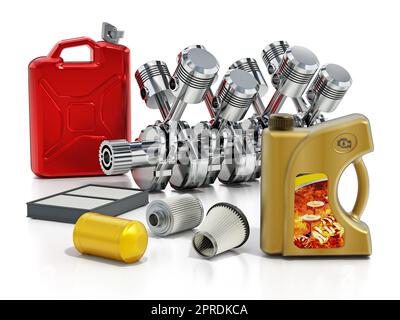 V6 Motor, Gasbehälter, Ölflasche und Ersatzfilter. 3D Abbildung. Stockfoto