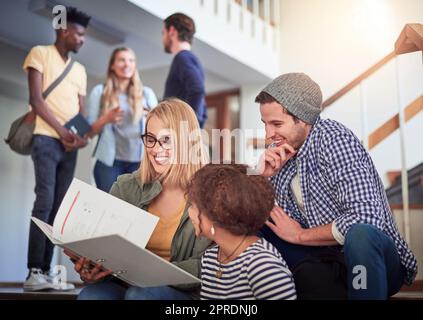 Es ist immer hilfreich, Ihre Studienfreunde zu haben. Eine Gruppe von Studenten, die auf der Treppe auf dem Campus zusammenarbeiten. Stockfoto