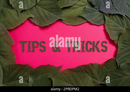 Schild mit Tipps und Tricks. Konzeptionelle Fotoschritte Lifehacks praktische Tipps Empfehlungen Geschäftsmann wichtige Informationen auf dem Telefonbildschirm präsentieren. Stockfoto