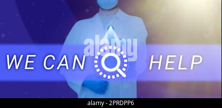 Textzeichen mit „We Can Help“. Wort für Lassen Sie uns Sie beraten Servicelösungen man Push Digital Display futuristische Smart Computer Technology Stockfoto