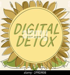 Das Schild zeigt Digital Detox an. Word for Free of Electronic Devices Trennen Sie die Verbindung, um den nicht angeschlossenen Rahmen mit Blättern und Blumen und wichtigen Ankündigungen wieder zu verbinden. Stockfoto