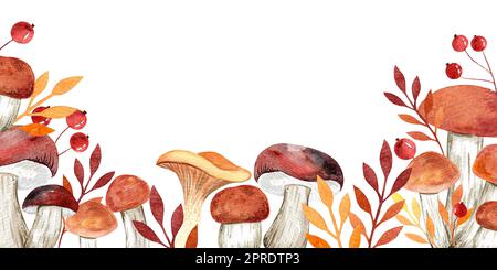 Quadratischer Rahmen in Aquarellfarbe auf weißem Hintergrund. Bemalte Waldpilze, Rowan-Beeren, Blätter und Gras. Stockfoto