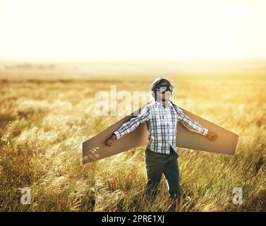 Sie mögen klein sein, aber ihre Träume sind es nicht. Ein kleiner Junge, der vorgibt, mit einem Paar Pappflügeln auf einem offenen Feld zu fliegen. Stockfoto