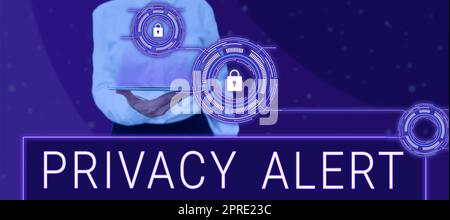 Textunterschrift mit Datenschutzhinweis, Business Idea warnt den Benutzer vor dem Risiko, dass Ihre Daten gestohlen werden könnten Stockfoto