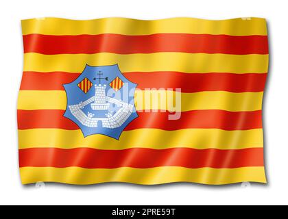 Menorca, Flagge der Balearen, Spanien winkende Bannersammlung. 3D-Illustration Stockfoto