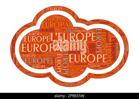 Die Worte „Europa, Europa, L'Europe“ als Wortkunst, Word Cloud, Tag Cloud in verschiedenen Sprachen mit Copy Space. Stockfoto