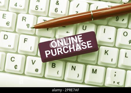 Handgeschriebenes Schild Online-Einkauf von elektronischen Handelswaren über das Internet, Business Idea kauft elektronische Handelswaren von ov Stockfoto