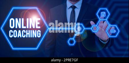 Unterschreiben Sie die Anzeige von Online-CoachingLearning aus dem Internet und aus dem Internet mit Hilfe eines Coaches, Geschäftsübersicht Online-Lernen und Internet mit dem Stockfoto