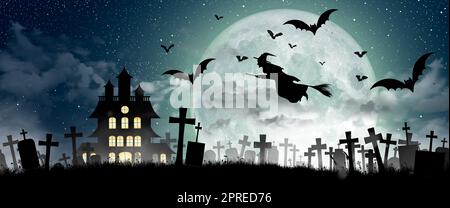 Halloween Silhouette der Hexe fliegen über den Vollmond, Friedhof, Spukhaus, Fledermäuse, und toten Baum. 3D Abbildung. Stockfoto