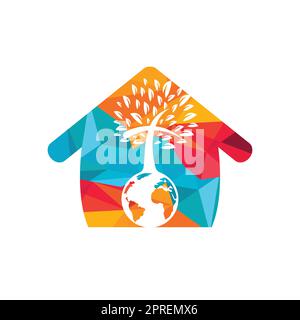 Designvorlage für das Vektorlogo der globalen Kirche. Globe mit Vektorsymbol für Kreuzbaum. Stock Vektor