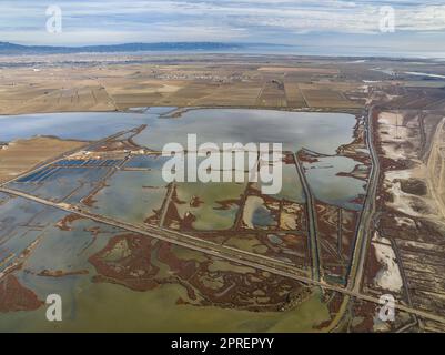 Luftaufnahme der Lagune La Tancada und des Món Natura Delta Museums an einem Wintermorgen (Montsià, Tarragona, Katalonien, Spanien) Stockfoto