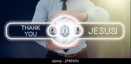 Textüberschrift präsentiert: Danke Jesus. Geschäftsübersicht Dankbarkeit für das, was der Herr euch religiösen Mann und Frau gegeben hat, die wichtige Informationen im Präsentationsausschuss präsentieren. Stockfoto