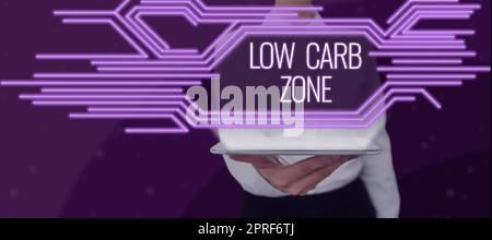 Handschriftliches Schild Low Carb Zone. Wort geschrieben auf gesunde Ernährung für Gewichtsverlust essen mehr Proteine zuckerfreie Frau mit einem Tablet zeigt glühende Linien in futuristischen Rahmen. Stockfoto