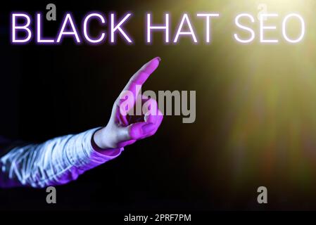 Textunterschrift mit Black hat Seo. Unternehmensübersicht Suchmaschinenoptimierung Techniken zum Betrügen von Browsern verwenden man Pointing Pen auf der digitalen Suchleiste präsentiert neue Geschäftspläne. Stockfoto
