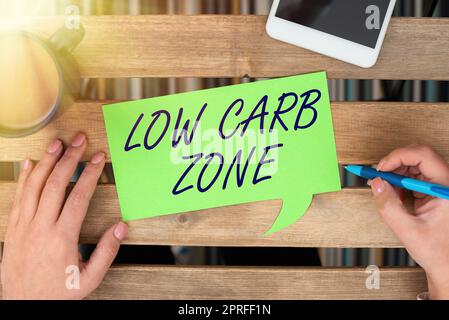 Text mit Inspiration Low Carb Zone. Geschäftsübersicht gesunde Ernährung für den Gewichtsverlust essen mehr Proteine zuckerfreie Frau Halten Stift und Präsentieren wichtige Botschaft auf der Sprache Bubble. Stockfoto