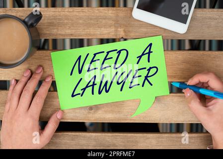 Das Schreiben, das Text zeigt, braucht Einen Anwalt. Wort für das Angebot von Rechtsberatung Beratung durch Rechtsanwalt Business Team hat zwei wichtige Ideen zu Speech Bubbles auf beiden Seiten. Stockfoto