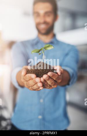 Ich habe die Zukunft in meine Hände bekommen. Ein nicht erkennbarer junger Geschäftsmann, der einen Sämling in seinen kupierten Händen hält. Stockfoto