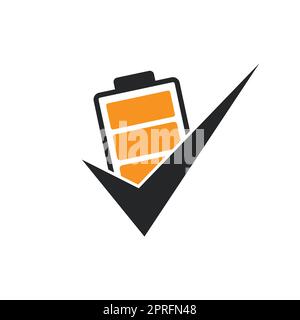 Design-Vorlage für Vektorlogo mit Batterieprüfzeichen. Vektordarstellung der Symbolvorlage für das Akku-Logo der Checkliste. Stock Vektor