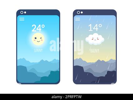 Arten von Wetterbedingungen mit sonnig, bewölkt, windigen, regnerisch, Schnee und stürmisch in Vorlage Hand gezeichnet Cartoon flache Illustration Stockfoto