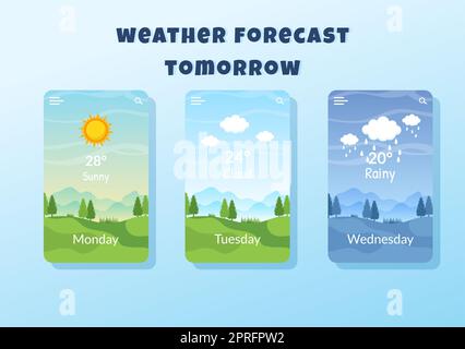 Arten von Wetterbedingungen mit sonnig, bewölkt, windigen, regnerisch, Schnee und stürmisch in Vorlage Hand gezeichnet Cartoon flache Illustration Stockfoto