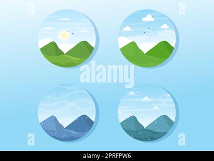 Arten von Wetterbedingungen mit sonnig, bewölkt, windigen, regnerisch, Schnee und stürmisch in Vorlage Hand gezeichnet Cartoon flache Illustration Stockfoto