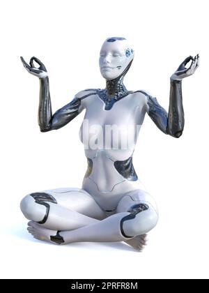 3D Darstellung einer robotischen Frau, die in Lotuspose mit gekreuzten Beinen auf dem Boden sitzt und ihre Arme hochhält, indem sie mit den Fingern eine Gyan-Mudra macht und meditiert. Weiß Stockfoto