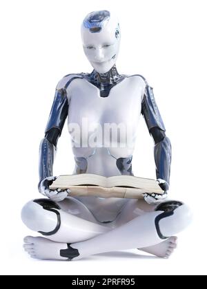 3D Darstellung einer robotischen Frau, die mit gekreuzten Beinen auf dem Boden sitzt und ein Buch liest. Weißer Hintergrund. Stockfoto