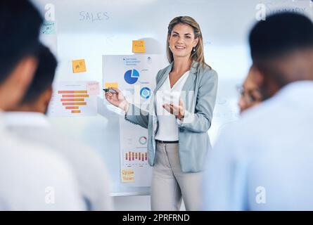 Vertriebs-, Marketing- und B2B-Strategie einer Geschäftsfrau, die eine Präsentation vor der Arbeitswelt hält. Anzeigeseminar für Unternehmen mit weiblicher Präsenzanalyse und Logistiktabelle auf Whiteboard Stockfoto