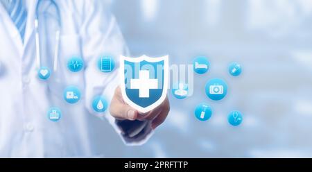 Arzt Hand Symbol virtuellen Bildschirm Schnittstelle Technologie Gesundheitswesen auf Hintergrund. Stockfoto