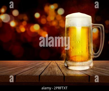 Bierglas mit Wassertropfen auf einem Holztisch mit leuchtendem Bokeh-Hintergrund. 3D-Rendern Stockfoto