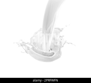 Isolierte Milchtropfen und -Spritzer auf weißem Hintergrund Stockfoto