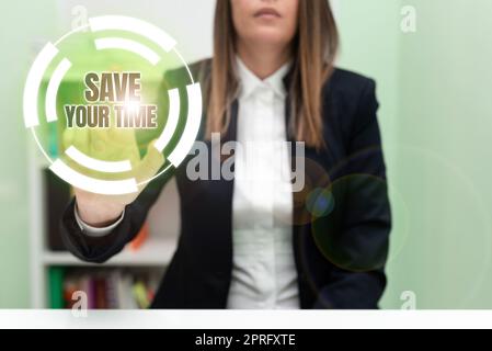 Inspiration mit dem Schild „Spar dir deine Zeit“. Internet-Konzept Wege finden, um den Job schnell zu erledigen Automatisierung schneller Ende Blanker Rahmen repräsentiert die Mitarbeiter des Unternehmens, die Geschäftsbegriffe vorführen. Stockfoto