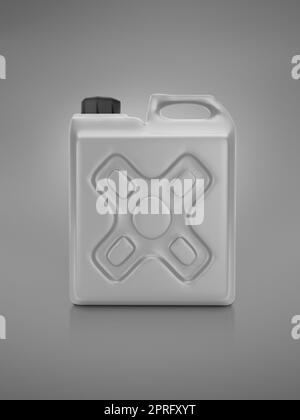 Leere Verpackung, graue Kunststoffgallone auf grauem Hintergrund. 3D-Rendern Stockfoto