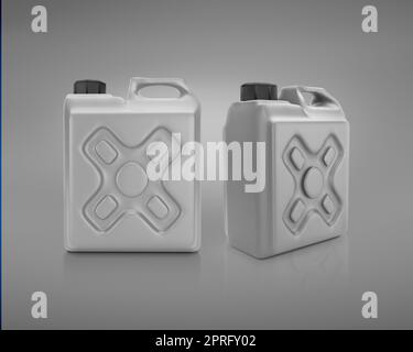 Leere Verpackung, graue Kunststoffgallone auf grauem Hintergrund. 3D-Rendern Stockfoto
