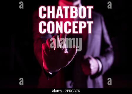 Konzeptionelle Beschriftung Chatbot Konzept. Geschäftskonzept Virtuelle Assistentin künstliche Intelligenz Online hilft Geschäftsleuten mit einem Mobiltelefon wichtige Nachrichten zu vermitteln und darauf zu zeigen Stockfoto