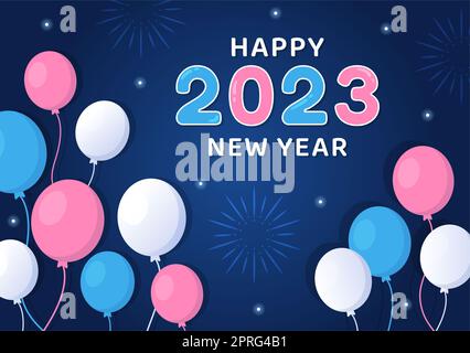 Happy New Year 2023 Festvorlage Handgezeichnete Cartoon flache Hintergrundillustration mit Feuerwerk, Ribbons und Konfetti-Design Stockfoto