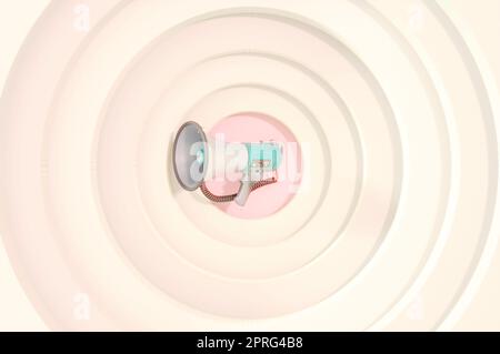 3D Abbildung. 3D Rendering , Megaphon mit Kopierraum auf braunem Hintergrund. Werbung über Lautsprecher. Stockfoto