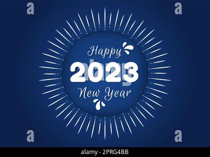 Happy New Year 2023 Festvorlage Handgezeichnete Cartoon flache Hintergrundillustration mit Feuerwerk, Ribbons und Konfetti-Design Stockfoto