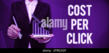 Kosten pro Klick für Handschrift. Internetkonzept bei jedem Besuch einer Website sollten Sie für die Werbung und das Branding in geschäftlichen Medien einen Geldbetrag zahlen. Stockfoto