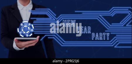 Text mit Inspiration zur Neujahrsparty. Geschäftsidee Feier der 365 kommenden Tage Happy cheerful Time Lady im Anzug hält Stift und symbolisiert erfolgreiche Teamarbeit. Stockfoto