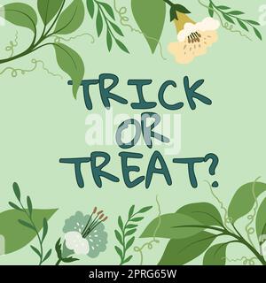 Begrifflicher Titel Trick or Treat, ein Wort über Halloween-Tradition, das darin besteht, nach Süßigkeiten zu fragen, Geschäftsmann mit zwei Händen, der nach Import sucht Stockfoto