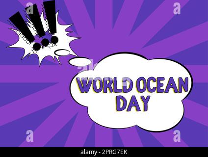 Schild mit der Aufschrift World Ocean Day. Geschäftsidee Weltweiter Anlass zur Feier großer Salzwasser-Frauen, die eine VR-Brille tragen und wichtige Botschaften über eine Hand präsentieren. Stockfoto