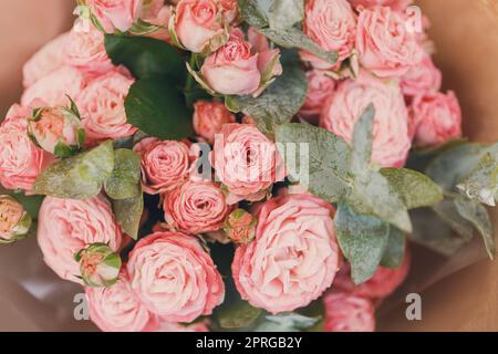 Rosa Sprührosen mit grünen Eukalyptusrosen, die in einem festlichen Bouquet zusammengelegt sind. Top-Viev. Stockfoto