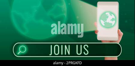 Inspiration zeigt Zeichen Join US, Word Geschrieben auf in der Community registrieren Team oder Blog Melden Sie sich bei Social Media an Stockfoto