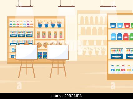 Art Shop mit Malzubehör Shop Zubehör und Werkzeuge für Zeichnung, Künstler und Designer auf Flat Cartoon Hand Drawn Template Illustration Stockfoto