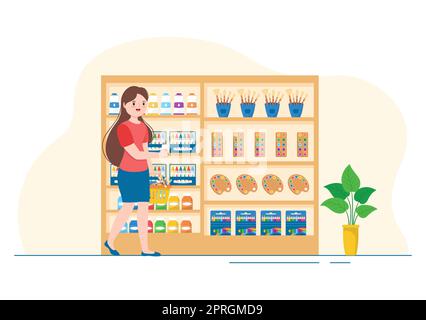 Art Shop mit Malzubehör Shop Zubehör und Werkzeuge für Zeichnung, Künstler und Designer auf Flat Cartoon Hand Drawn Template Illustration Stockfoto