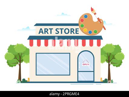 Art Shop mit Malzubehör Shop Zubehör und Werkzeuge für Zeichnung, Künstler und Designer auf Flat Cartoon Hand Drawn Template Illustration Stockfoto