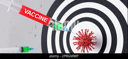 Spritze mit Impfstoff trifft das Ziel und zerstört Coronavirus. 3D Rendern. Stockfoto