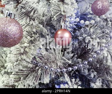 Lila glänzende Kugeln auf dem Weihnachtsbaum. Weiße Perlen auf Fichtenzweigen. Die Äste sind mit Frost bedeckt. Hintergrund zu Weihnachten oder Neujahr Stockfoto