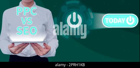 Textschild mit PPC vs. Seo. Geschäftskonzept Pay per click gegen Suchmaschinen-Optimierungsstrategien Stockfoto